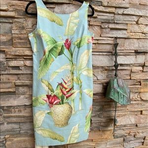 Vintage turquoise linen sheath dress with tropical print and bugle beads